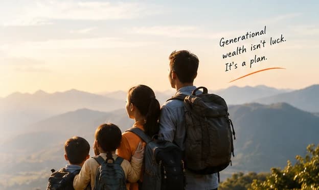 A family of four on a mountain ridge at sunset, looking out over the valley, with the words: Generational wealth isn't luck. It's a plan.